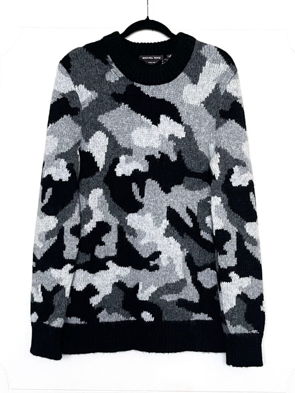 Michael Kors Mens Black & White Camouflage Wool-Blend Sweater Size: M
